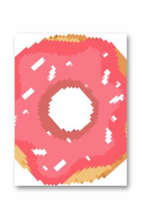 Pixel art donut is showing pink frosting with white sprinkles on transparent background, copy space