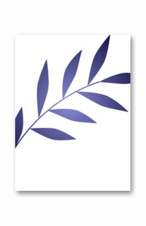 Flat vector botanical branch is arching on transparent, showcasing purple-blue gradient leaves