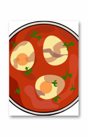 Eggs are cooking in tomato sauce on plate in flat design with herb sprigs, transparent background