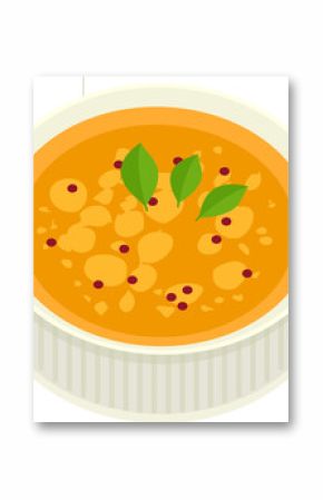 Orange soup with green garnish is being shown in bowl on transparent background isometric style