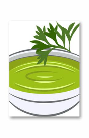 Bowl of green sauce is showing smooth graphic style with parsley sprig on transparent background