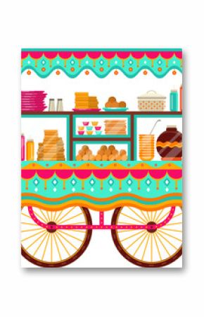 Flat illustration showing vibrant snack cart with canopy wheels glass case, transparent background