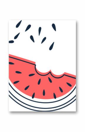 Half watermelon with bite is floating with scattered seeds in flat style on transparent background