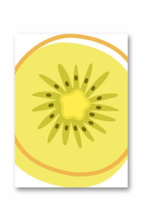 Golden kiwi slice is being shown in flat design with seeds and transparent background, copy space