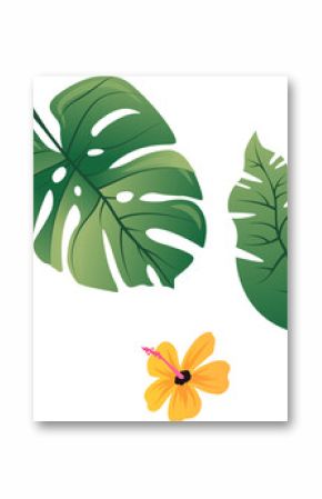 Showing flat art of perforated and veined leaves, yellow hibiscus on transparent canvas, copy space