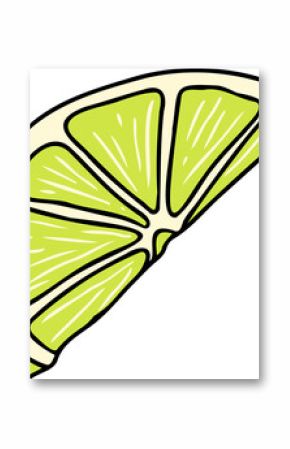 Stylized lime wedge is showing curved rind and segmented pulp in vector art on transparent backdrop