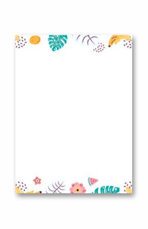 Flat design tropical border is showing pineapple and foliage on transparent background, copy space