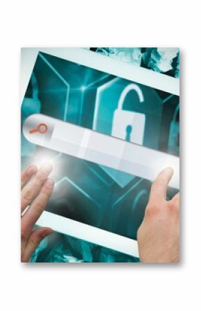 Hands touching search bar on tablet screen