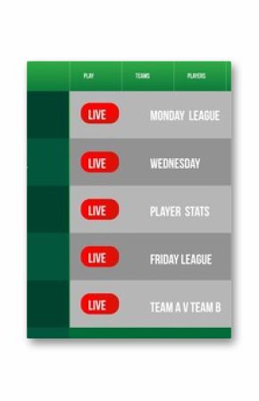 Flat design sports dashboard UI is displaying live listings, nav bar icons, LIVE badges and scores