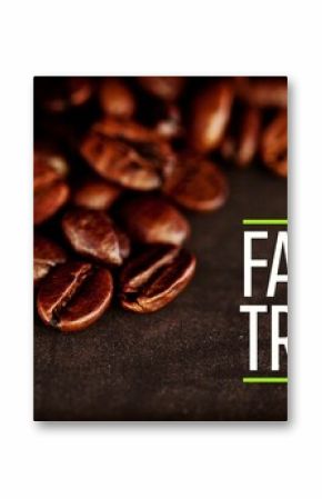 Coffee beans are being shown in 3D render, highlighting FAIR TRADE text and globe icon