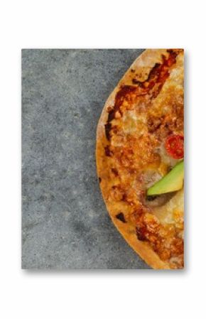 Fresh pizza on gray table