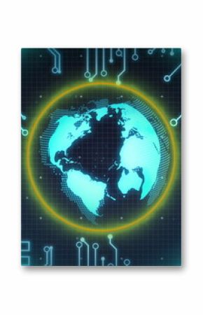 Displaying neon-blue Earth globe on virtual interface, with rings, grid and bar chart