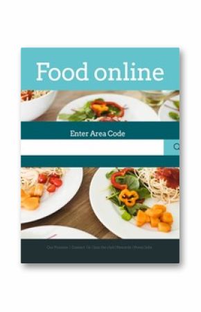 Displaying teal area code search box on food online page with nav-icons, spaghetti and salad plates