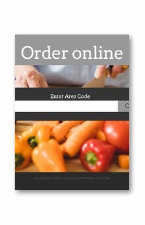 Hands are chopping fresh vegetables on wooden board in digital UI mockup with area-code search bar