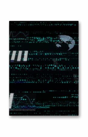 Displaying digital dashboard streaming data dots in virtual interface, with bar charts, globe icons
