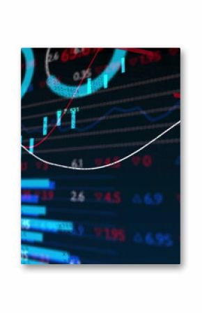 Financial data showing bar charts, line graphs, gauges, numeric deltas on grid display on PC screen