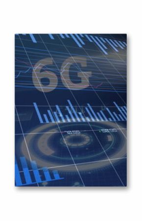 Displaying dashboard interface on dark blue grid showing 6G text, HUD gauge, bar and line charts