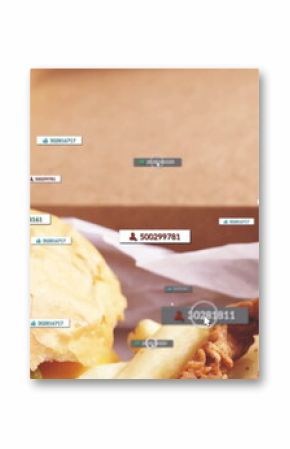 Displaying take-out box showing sesame bun burger, fries and chicken in kitchen, notification icons