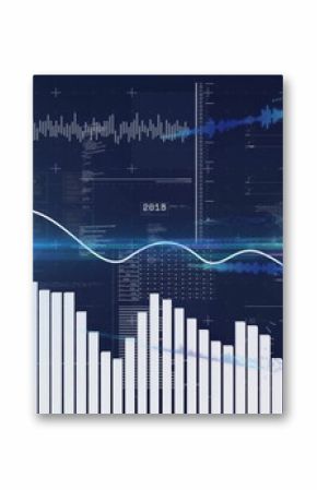 3D bar chart dominating virtual dashboard, with smooth waveform line, audio trace and globe overlay