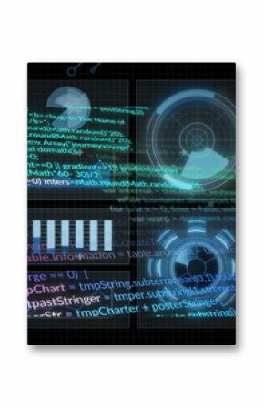 Presenting digital HUD interface streaming code over grid backdrop, with bar chart and world map
