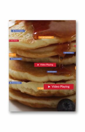 Five-pancake stack dripping syrup on tabletop, with blueberries and floating notification labels