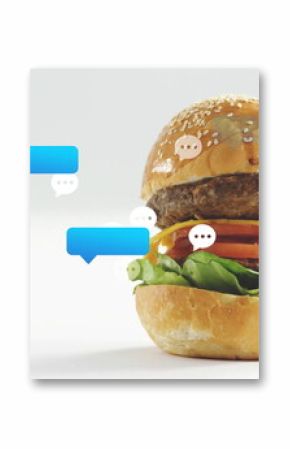 Showing cheeseburger with sesame bun, beef patty and vegetables, chat bubbles in studio, copy space