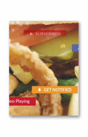 Featuring cheeseburger melting cheese at diner, pickles, tomato, onion rings, fries and UI banners