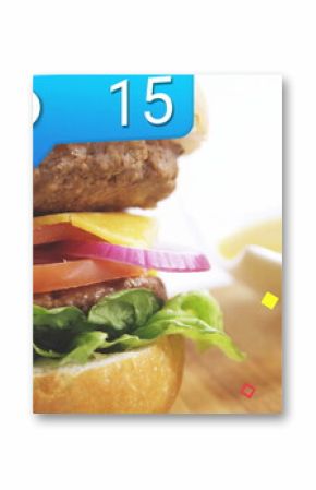 Presenting beef burger layering cheese and vegetables on board, with sauce bowls, notifications
