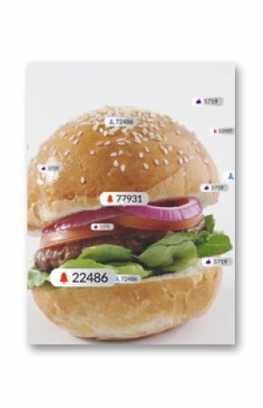Showing sesame seed hamburger on white surface, surrounded by floating red, purple and blue alerts