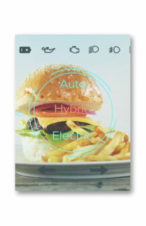 Showing plate holding cheeseburger and fries on wooden table, overlaying light blue automotive HUD