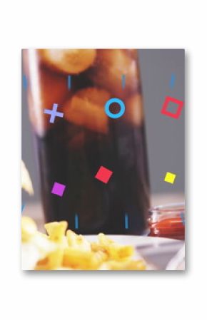 Presenting burger and fries sitting on wooden cafe table, with ketchup mayonnaise and iced cola