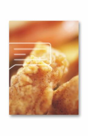 Displaying fried chicken pieces on plate, showing green garnish, speech icon and purple avatar icon