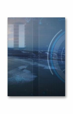 Showing aerial rocky islands at dusk, with bar chart, circular HUD, circuit lines, grid overlay