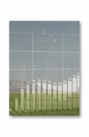 Displaying data visualization hovering over green grass plain, featuring bar chart and line graphs