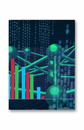 Rendering glowing green nodes and rods in virtual interface, with bar chart and code streams