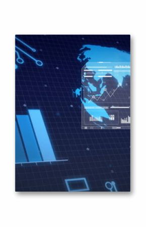Globe panel rotating in dark grid space, with bar-line charts and circuit lines, copy space