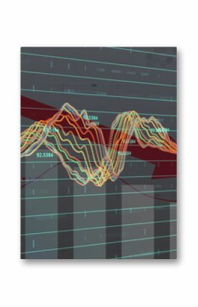 Displaying dashboard on screen showing red arrow trending down over bar chart and colorful lines