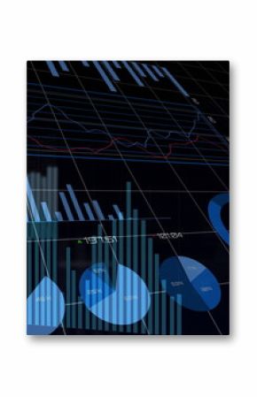 Displaying financial charts floating over virtual interface, with bar charts pie and donut charts