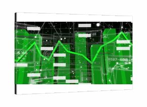 Displaying green data dashboard showing bar charts, neon line graph, numeric readouts on screen