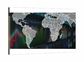Displaying white world map overlaying digital screen, with line graphs and bar charts