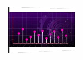Displaying white bar chart rising from black grid floor, glowing pink spheres and circuit motifs