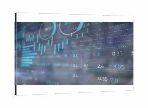 Displaying financial dashboard on screen showing bar charts, line graphs, gauges, percentage arrows