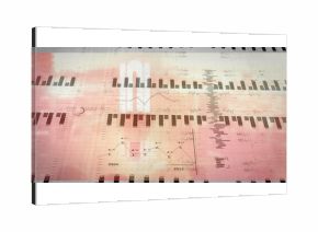 Displaying dashboard showing bar charts, line graphs, waveform plots on screen, pink-orange overlay