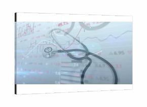 Showing stethoscope resting on desk, with translucent financial line, bar charts, numeric overlays