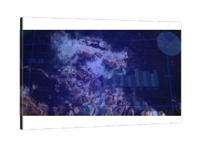 Displaying digital grid, bar chart, data labels over churning waves with rocky outcrops from above