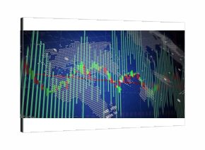 Displaying red and green candlestick graph and bar chart on blue trading screen, with world map