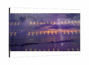 Displaying data visualizations merging dusk ocean scene, with bar charts, line graphs, histogram