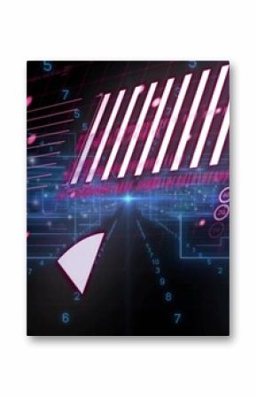 Displaying digital interface on glowing grid, with bar-chart stripes, triangle and pink globe