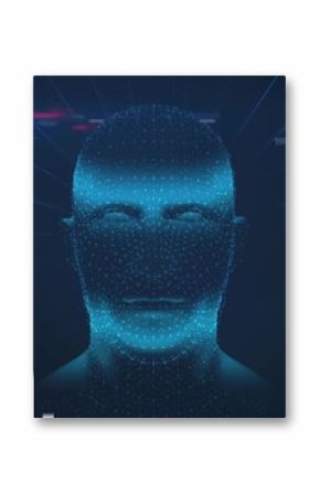 Floating digital head glowing with blue data points in data interface, with bar charts, grid lines