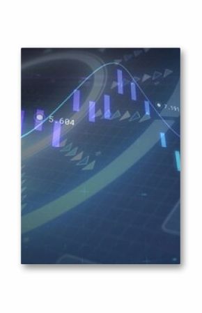 Showing data visualization on screen, with glowing curved line graph and vertical bar charts